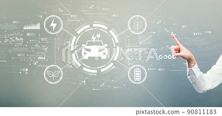 EV concept with hand pressing a button EV concept with hand pressing a button 90811183
