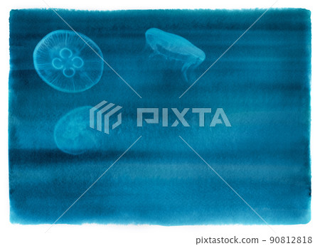 Floating jellyfish drawn with color ink, indigo gradient background 90812818