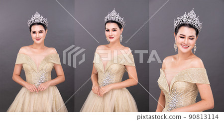Half Body young adult Asian Woman, Miss Beauty Pageant Contest wear Diamond Crown Evening Gown Half Body young adult Asian Woman, Miss Beauty Pageant Contest wear Diamond Crown Evening Gown 90813114