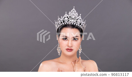 Half Body young adult Asian Woman, Miss Beauty Pageant Contest wear Diamond Crown Evening Gown Half Body young adult Asian Woman, Miss Beauty Pageant Contest wear Diamond Crown Evening Gown 90813117