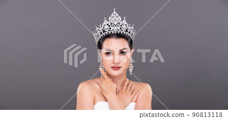 Half Body young adult Asian Woman, Miss Beauty Pageant Contest wear Diamond Crown Evening Gown Half Body young adult Asian Woman, Miss Beauty Pageant Contest wear Diamond Crown Evening Gown 90813118