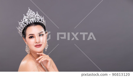 Half Body young adult Asian Woman,  Miss Beauty Pageant Contest wear Diamond Crown Evening Gown 90813120
