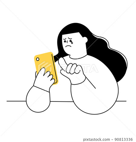一個女人在操作手機時哭泣的矢量圖。 90813336