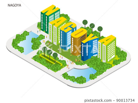 用字母表製作的城市名稱。有趣的城市景觀和生活風景。人們可以明亮地生活的建築和城市規劃。 α 90813734