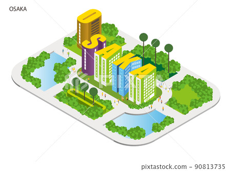 用字母表製作的城市名稱。有趣的城市景觀和生活風景。人們可以明亮地生活的建築和城市規劃。 α 90813735