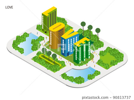 用字母表製作的城市名稱。有趣的城市景觀和生活風景。人們可以明亮地生活的建築和城市規劃。 α 90813737