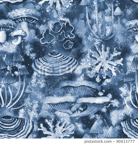 Seamless pattern with tree forest mushrooms and lichens. Gray silver botanical print for design. Watercolor illustration. 90813777
