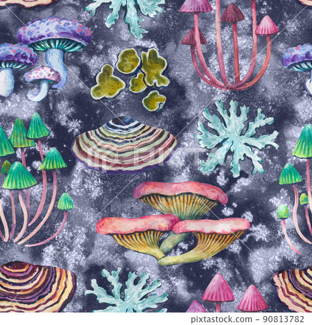 Seamless pattern with tree forest mushrooms and lichens. Realistic botanical print for design. Watercolor illustration. Seamless pattern with tree forest mushrooms and lichens. Realistic botanical print for design. Watercolor illustration. 90813782