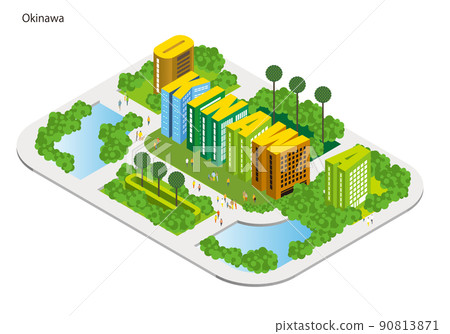 用字母表製作的城市名稱。有趣的城市景觀和生活風景。人們可以明亮地生活的建築和城市規劃。 90813871