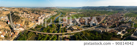 Panoramic aerial view of Spanish town of Fraga on Cinca river Panoramic aerial view of Spanish town of Fraga on Cinca river 90814042
