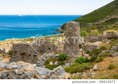 Stone ruins of ancient necropolis in Anemurium on background of Mediterranean Sea 90814073
