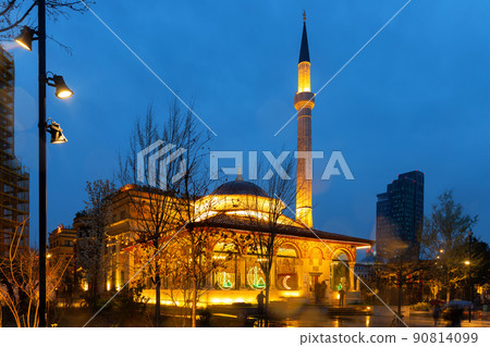 Ethem Bey Mosque at night on Skanderbeg Square. Tirana. Albania 90814099