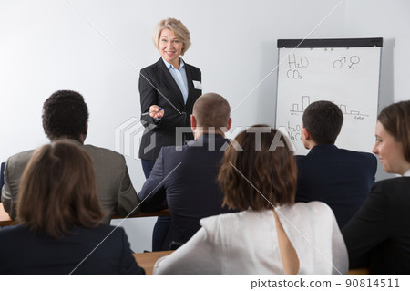 Mature businesswoman presenting new project to team 90814511