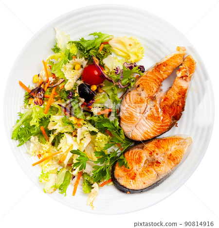 Salmon steak with parsley, corn, lettuce, carrot salad 90814916