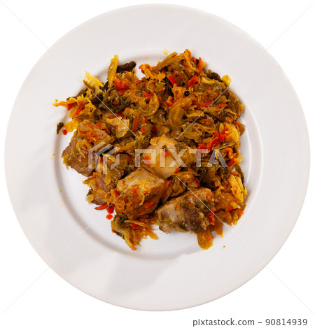 Just cooked portion of pork meat stewed with cabbage 90814939