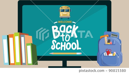 Illustration of books, backpack with stationery and welcome back to school text on computer screen 90815380