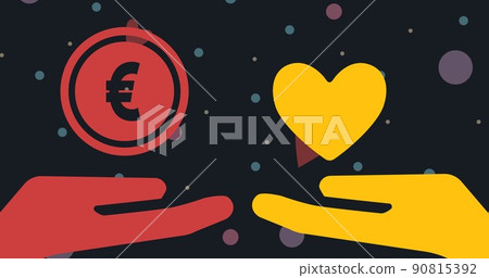 Illustration of hands with euro coin and heart shape with dots against black background, copy space 90815392