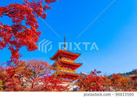 The triple tower of Kiyomizudera and autumn leaves 90815560