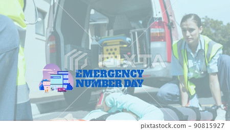Digital composite image of caucasian female paramedic working with emergency number day text Digital composite image of caucasian female paramedic working with emergency number day text 90815927
