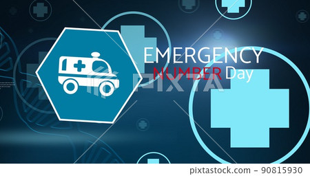 Illustration of emergency number day text and ambulance sign, copy space 90815930