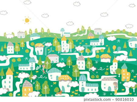 A cute and fun cityscape with clouds where people live 90816010