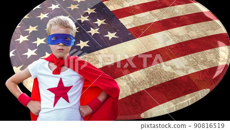 Caucasian boy in superhero costume against american flag design over a badge with copy space Caucasian boy in superhero costume against american flag design over a badge with copy space 90816519
