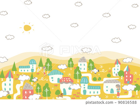 A cute and fun cityscape with clouds where people live 90816588