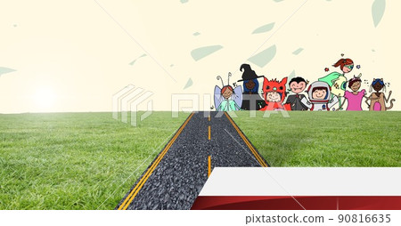 Composite image of road against multiple cartoon icons with copy space on white background Composite image of road against multiple cartoon icons with copy space on white background 90816635