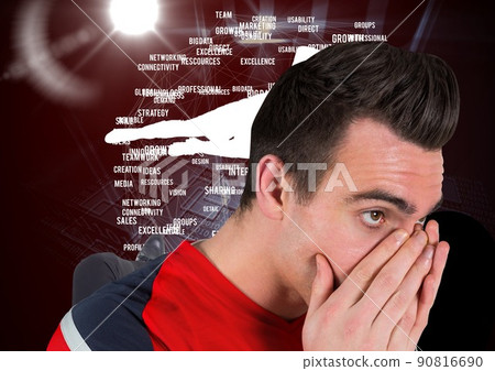 Caucasian male athlete against network of business concept texts and spot of light on red background Caucasian male athlete against network of business concept texts and spot of light on red background 90816690