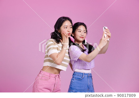 mz generation, asian girl students taking selfies photos images 90817809