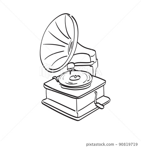 Gramophone illustration vector hand drawn isolated on white background line art. 90819719