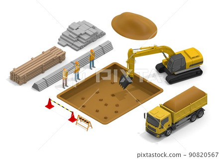 在建築工地工作的人們。很多材料。建築工地和重型設備挖掘機車。建築工程。 在建築工地工作的人們。很多材料。建築工地和重型設備挖掘機車。建築工程。 90820567