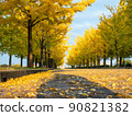 A row of yellow-leaved ginkgo trees shining in the morning sun 90821382