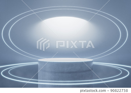 Blank round concrete stage for presentation illuminated by light from top in futuristic style hall. 3D rendering, mockup 90822738