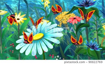 Red Butterfly and Blue Flower 90822769