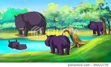 Group of Hippopotamuses by the River 90822770
