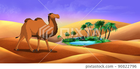 Bactrian Camel Goes Through the Desert 90822796