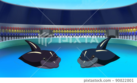 Two Smiling Dolphins in a Dolphinarium in the Early Morning. 90822801