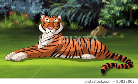 Bengal tiger lying on a meadow. 90822802