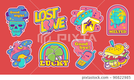 Trendy retro stickers with ufo, camera, mushroom Trendy retro stickers with ufo, camera, mushroom 90822985