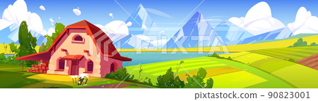 Summer landscape with lake, fields and mountains 90823001