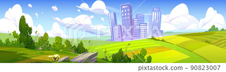 Summer landscape with fields and city buildings Summer landscape with fields and city buildings 90823007