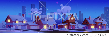 Suburban houses with snow and christmas decoration Suburban houses with snow and christmas decoration 90823024