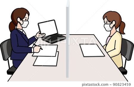 一名婦女在採取感染控制措施的窗口聽一位女性負責人的解釋 90823459