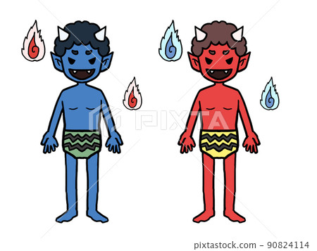 一個紅色惡魔和一個藍色惡魔有兩個角的插圖 一個紅色惡魔和一個藍色惡魔有兩個角的插圖 90824114