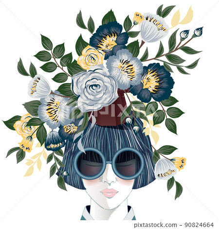 Vector illustration of a woman decorating her hair with flowers. Design for invitation card, picture frame, poster, scrapbook 90824664