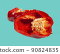 gutted red pepper with seeds on a colored turquoise background. macro 90824835