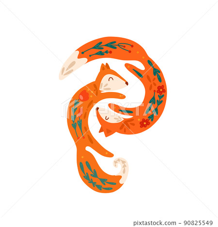 Vector illustration of a pair of dancing foxes with folk art. Love and family. Animals with floral decorations 90825549