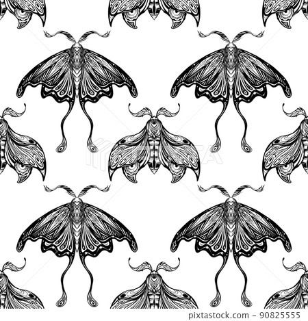 Vector seamless pattern with drawing night butterfly with boho decoration in row. Monochrome texture with moth with tracery ornament. 90825555