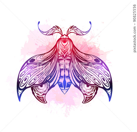 Vector neon drawing of a moth tattoo with pink and violet watercolor splashes. Illustration of a moth with tracery ornament Vector neon drawing of a moth tattoo with pink and violet watercolor splashes. Illustration of a moth with tracery ornament 90825556